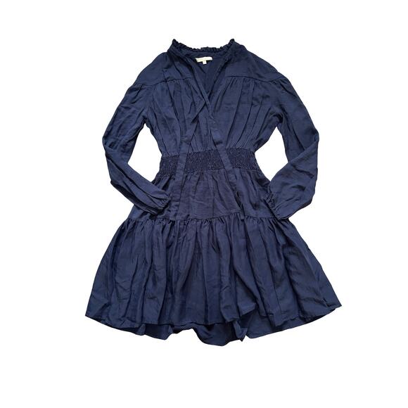 Maje Navy Blue Tie Neck Long Sleeve Ruffle Mini Dress Size 3 - Picture 5 of 9